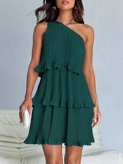 'Hesper' Layered Single Shoulder Mini Dress - Celes Fashion